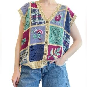 Vintage Jantzen Patchwork Colorblock Embroidered Grandma Sweater Vest Large